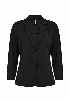 Fekete női blézer mélyponyvás gallérral, ráncolt háromnegyedes ujjal, egysoros gombolással és testhezálló szabással.