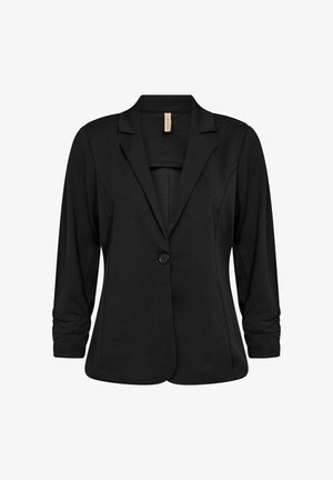 Blazer pour femmes noires avec revers crantés, manches trois-quarts froncées, fermeture à un seul bouton et coupe ajustée.