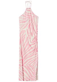 Rosa und weiße Halterkleid mit einem Zebramuster, gerafftem Seitendetail und einem Schlitz für zusätzlichen Stil. Hergestellt aus leichtem Stoff.