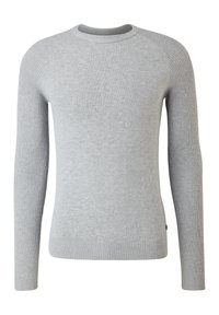 Světle šedý svetr s dlouhými rukávy, žebrovaným pletením na manžetách a dolním okraji, design s kulatým výstřihem a hladkou texturou.