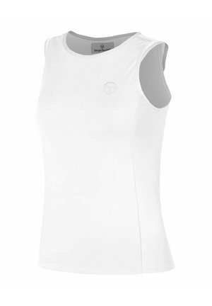 Débardeur de sport blanc sans manches avec col rond et petit logo brodé sur la poitrine, conçu pour les femmes.