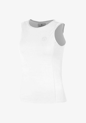 Mouwloos wit sporttanktop met ronde hals en klein geborduurd logo op de borst, ontworpen voor vrouwen.