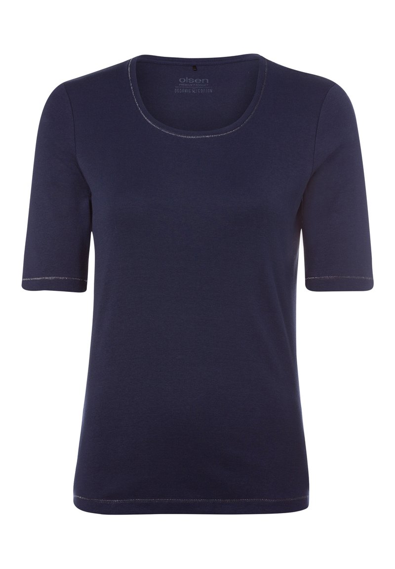 Navyblaues T-Shirt mit kurzen Ärmeln aus Bio-Baumwolle, mit einem runden Halsausschnitt und kontrastierenden Nähten an den Ärmeln und dem Saum.
