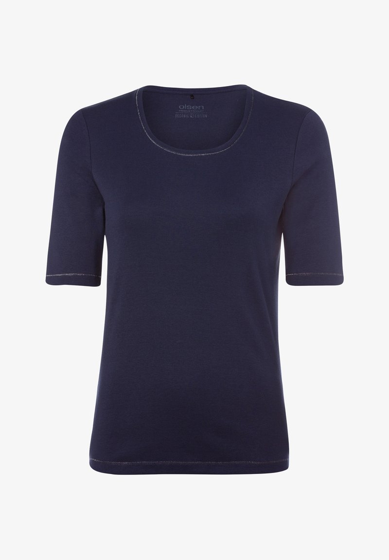 Navyblaues T-Shirt mit kurzen Ärmeln aus Bio-Baumwolle, mit einem runden Halsausschnitt und kontrastierenden Nähten an den Ärmeln und dem Saum.