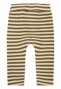 Olíva zöld és krémszínű vízszintes csíkos bordázott leggings, elasztikus derékpánttal és testhezálló boka hosszúsággal.