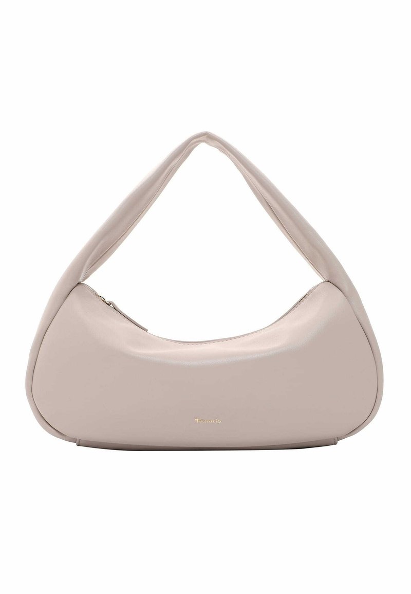Sac à main beige doux en forme de croissant avec une anse rembourrée et une fermeture éclair sur le dessus, arborant un petit logo de marque doré à l'avant.