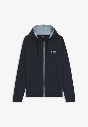 Donkerblauwe zip-up hoodie met een lichtblauwe Binnenvoering, voorzakken en een klein geborduurd logo op de borst. Gestructureerde stof.