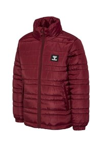 Burgundowa puchowa kurtka z wysokim kołnierzem, zamkiem z przodu i bocznymi kieszeniami; ma poziome przeszycia oraz czarną naszywkę z logo na piersi.