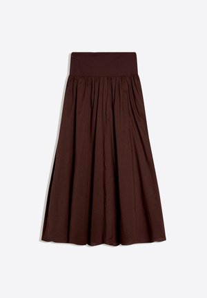 Dark brown, high-waisted, ankle-length skirt with gathered fabric creating a flowing, pleated effect against a white background.