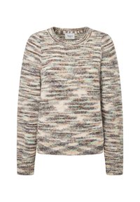 Maglione lavorato a maglia con collo tondo, caratterizzato da un motivo multicolore in toni di beige, marrone e verde. Texture morbida, polsini e orlo a coste.