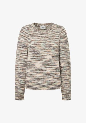 Kootud sviiter ümmarguse kaelusega, millel on mitmevärviline muster beeži, pruuni ja rohelise tooni kombinatsioonis. Pehme tekstuur, soonikkoes mansetid ja äär.