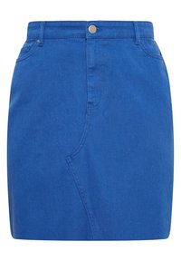 Modrá džínová sukně s obtáhlým střihem, předními kapsami a kovovým zapínáním. Hladký povrch s minimem švů.
