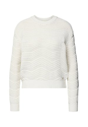 Maglione bianco a maglia con maniche lunghe e polsini, orlo e collo rotondo a coste, con motivo a chevron testurizzato.