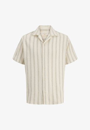 Camicia beige a maniche corte con bottoni, con righe verticali nere e colletto aperto, esposta su sfondo bianco.