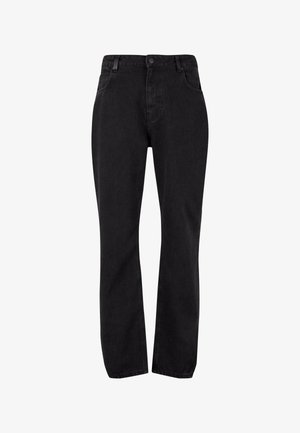 Fekete farmernadrág egyenes fazonnal, gombos záródással és klasszikus öt zsebes kialakítással. Az anyag puha, sima felületű.