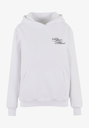 Hvid hættetrøje med en lomme foran, lange ærmer og ribbede manchetter. Har sort tekstlogo på øverste venstre side. Blødt bomuldsstof.