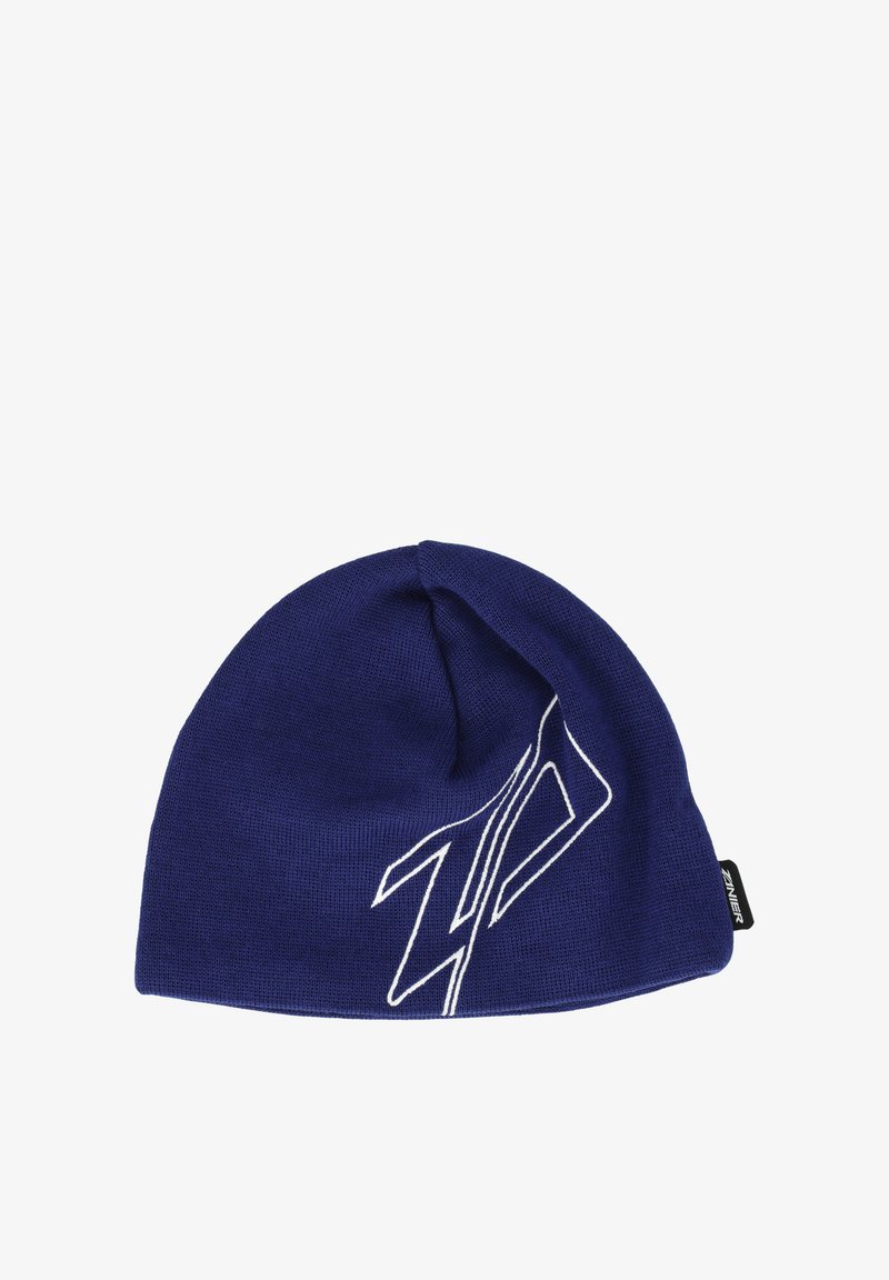 Sininen neulepipo, jossa on valkoinen brodeerattu logo edessä. Oma folded helma ja pehmeä rakenne. Klassinen pipo-muoto.