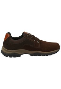 Bruine suède veterschoenen met een bruine textielen bovenzijde, lichtbruine accenten en een gestructureerde rubberen zool voor grip. Voorzien van metalen oogjes.