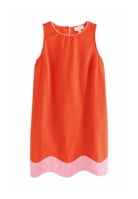 Ärmelloses Kleid aus leuchtend orangefarbenem Baumwollstoff, mit einem gewellten pinken Saum und einem runden Ausschnitt mit kontrastierendem Besatz. Knopfverschluss hinten.
