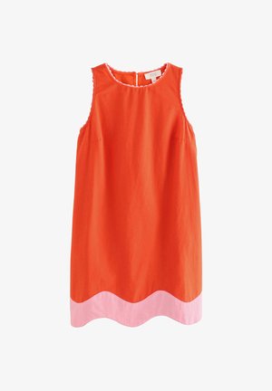 Rochie fără mâneci din bumbac portocalie strălucitoare, cu un tiv roz ondulat și un decolteu rotund cu detalii contrastante. Închidere cu buton la spate.