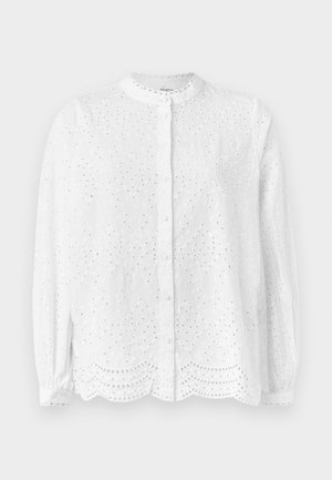 Biela blúzka s okrúhlym výstrihom, dlhými rukávmi a zapínaním na gombíky; obsahuje vyšívané výrezy a zúbkovaný lem.