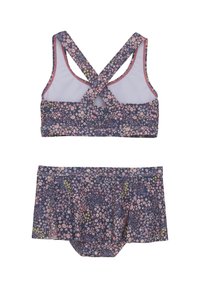 Blommig bikini-set med en korsettrygghalterskjorta i marinblått med rosa och gröna blommor, i kombination med en matchande kjolad botten. Polyblend-material.