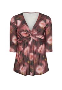 Damesblouse met een roze en bruine bloemenpatroon, V-hals, gedraaide knoopdetail aan de voorkant en driekwart mouwen.