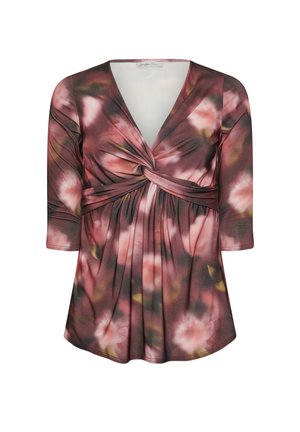 Damenbluse mit rosa und braunem Blumenmuster, V-Ausschnitt, verdrehtem Knoten-Detail auf der Vorderseite und Dreiviertel-Ärmeln.