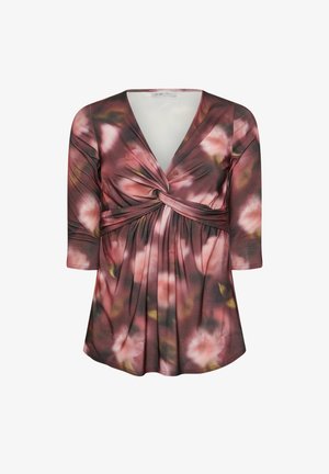 Blusa da donna con motivo floreale rosa e marrone, scollatura a V, dettaglio a nodo attorcigliato davanti e maniche a tre quarti.