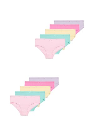 Sæt med fem pastelfarvede damebomulds-trusser med små sløjfer foran, arrangeret i to rækker på en hvid baggrund.