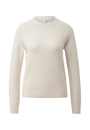 Light beige sweater made of soft material, featuring a round neckline, long sleeves, and ribbed hem and cuffs. Machine stitched logo detail.