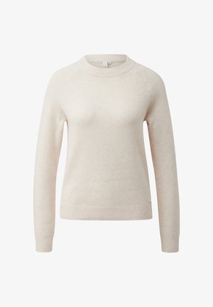 Light beige sweater made of soft material, featuring a round neckline, long sleeves, and ribbed hem and cuffs. Machine stitched logo detail.