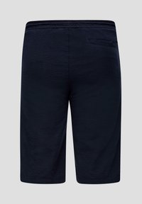 Marineblauwe shorts van textiel met een gestructureerde stof, voorzien van een platte tailleband en een enkele achterzak, met een knielange snit en minimale stiksels.