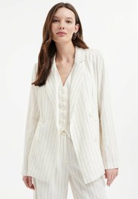 Witte pinstripe blazer met een natuurlijk revers, frontknopen en twee zakken, gemaakt van een lichtgewicht stof. Lange mouwen en een getailleerde pasvorm.