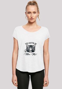 White short-sleeve t-shirt with a round neck, featuring a black and white cat graphic wearing sunglasses and the text "YOU GOTTA BE KITTEN ME!"