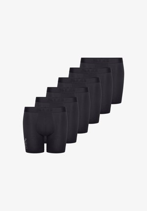 Kuusi paria mustia bokserialushousuja, jotka on valmistettu pehmeästä ja joustavasta kankaasta. Vyötärönauhassa on sävy sävyyn oleva logo ja etuosassa muotoiltu pussi.