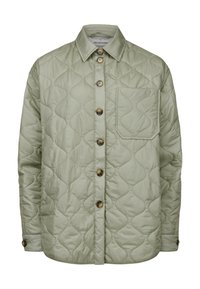 Ge quiltete Jacke in Hellgrün. Verfügt über einen spitzen Kragen, vordere Knöpfe, eine Brusttasche und ein strukturmißtal mit glatter Oberfläche.