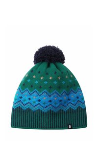 Grüne gestrickte Mütze mit einem dunkelblauen Pom-Pom. Sie verfügt über geometrische Muster in Blau, Grün und Creme. Rippstruktur am unteren Rand mit einem Logosticker.