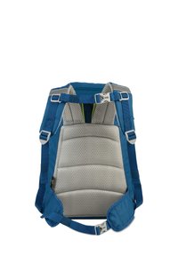 Blauwe ergonomische rugzak met grijze mesh padding, verstelbare straps en plastic hardware. Beschikt over een gestructureerde rug voor comfort en steun.