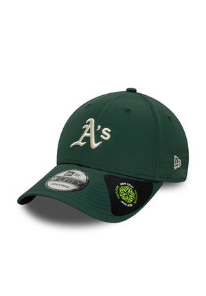 Green baseball cap with adjustable strap, featuring white embroidered "A's" logo on the front and black New Era tags on the brim.