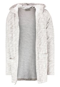 Ljust grå cardigan med huva, som har ett strukturerat mönster, öppen front, två sidfickor och en mjuk tygfinish.