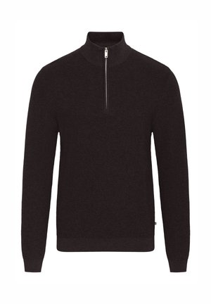 Melnas garām piedurknēm adītas džemperis ar augstu apkakli un pus-izjaucamu sudraba rāvējslēdzēju uz balta fona.