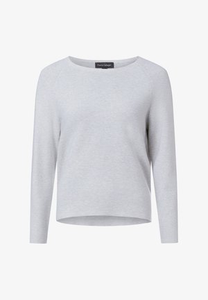 Haut gris clair à manches longues avec un col rond, une texture douce et une coupe décontractée, doté de manches raglan et d'un ourlet droit.