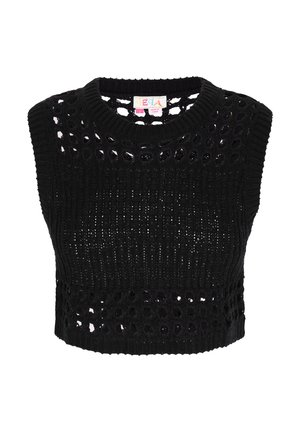 Čierny pletený crop top s okrúhlym výstrihom, s otvoreným tkaním a textúrovaným vzorom. Bez rukávov.