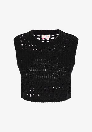 Mustmust kootud lühike topp ümmarguse kaelusega, millel on avatud kudumise detailid ja tekstuuriline muster. Ilma varrukateta.