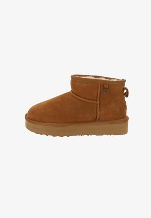 Bruine nubuck enkellaarzen met een ronde neus, schapenvachtvoering en een kleine decoratieve zijknop. Platte rubberen zool met een gestructureerde grip.