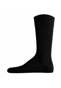 Svart bomullssocka med ribbad mudd, slät yta och klassisk ankel-längd design. Lämplig för både avslappnad och formell klädsel.