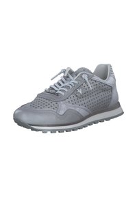Grey athletic shoes with leather and perforated material, featuring a textured design, lace-up closure, and a rubber sole.