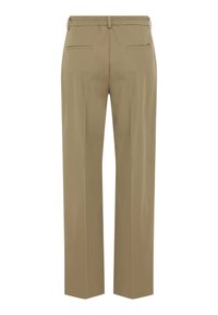 Pantaloni di colore kaki chiaro, realizzati in tessuto liscio, con design a gamba dritta, vita elasticizzata e due tasche posteriori.