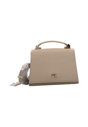 Borsa strutturata beige con manico superiore e tracolla removibile. Materiale testurizzato con logo dorato, design minimalista.